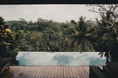 Infinity pool overlooking lush tropical forest and trees Stock Photos