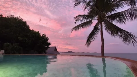 Infinity Pool Overlooking Ocean at Sunset in Koh Samui, Thailand Stock Footage 346599746