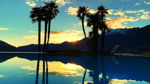 Infinity Pool with Palm Trees and Snow-capped Mountain in Sunset Stockbeeldmateriaal 121084302