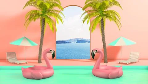 Infinity pool pink inflatable flamingo Stock Illustration