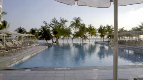 Infinity pool shot looking at the seam with great palm threes and beach vue Video stock 167951472