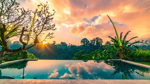 Infinity pool in the tropical jungle, the clear, calm water reflects the Stock Footage 115326665