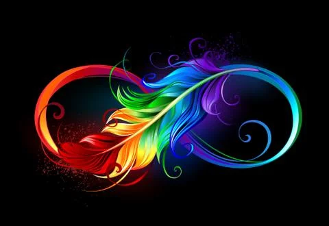 Infinity with rainbow feather on black background Stock Illustration