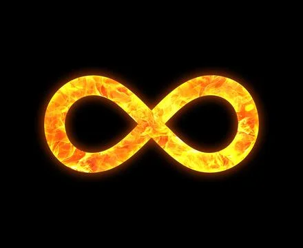 Infinity si outline with a bright fire pattern isolated on a black background Illustrazione stock