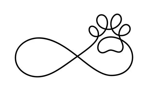 Infinity sign with cat or dog paw in continuous one line drawing logo. Minimal Stock Illustration