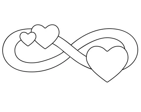 Infinity sign with three hearts - vector linear illustration for coloring. Stock Illustration
