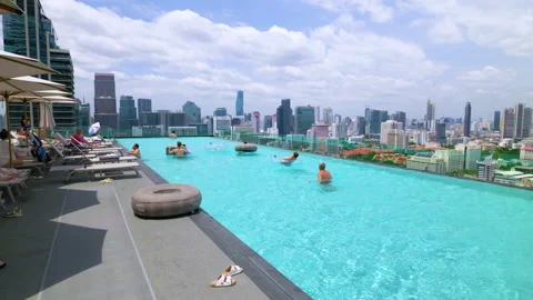 Infinity Sky Pool in Luxury Hotel in Bangkok. Sunset. Stock Footage 345227178