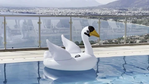 Infinity swimming pool with inflatable swan toys on the water Stock Footage 160784418