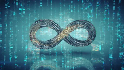 Infinity symbol and digital data are glitching seamless loop 3D render animation Stock Footage