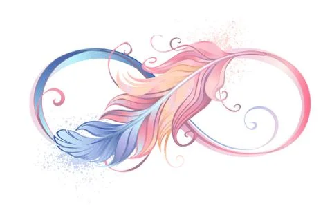 Infinity symbol with pink feather Stock Illustration