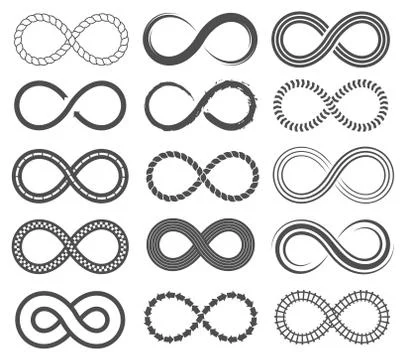 Infinity symbols. Endless loop shape, unlimited signs, eight isolated vector Stock Illustration