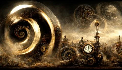 Infinity time spiral in space, antique old clock abstract fractal spiral 3d illu Stock Illustration