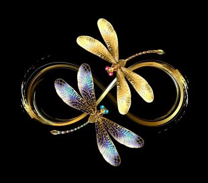 Infinity with two golden dragonflies Stock Illustration