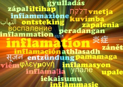 Inflamation multilanguage wordcloud background concept glowing Stock Illustration