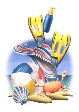 Inflatable ball with striped hat, crab, shell, flippers and sunscreen on a Ilustração Stock