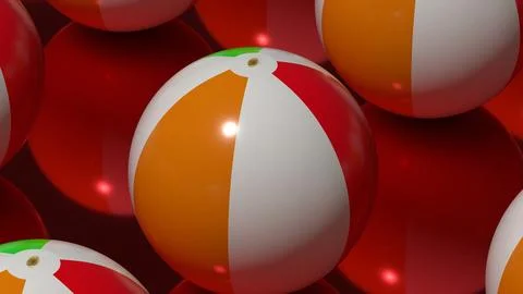 Inflatable beach ball close-up on red background with glossy reflection Stock Illustration