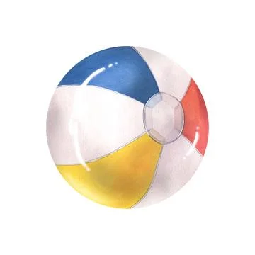 Inflatable, beach ball, multi-colored red, blue, yellow, white. Watercolor Stock Illustration
