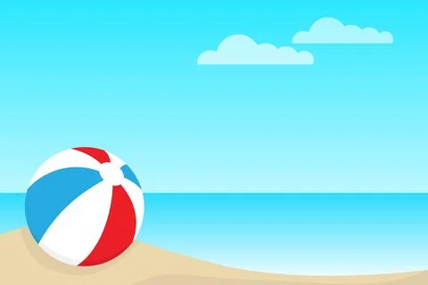 Inflatable beach ball on sandy shore with blue sea and clouds vector summer. Stock Illustration