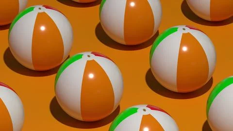 Inflatable beach balls on orange background creating vivid summer pattern Stock Illustration