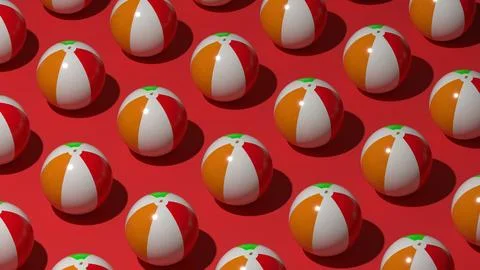 Inflatable beach balls on red background creating fun color contrast Stock Illustration