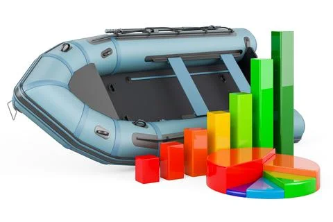 Inflatable boat with growth bar graph and pie chart. 3D rendering Stock Illustration