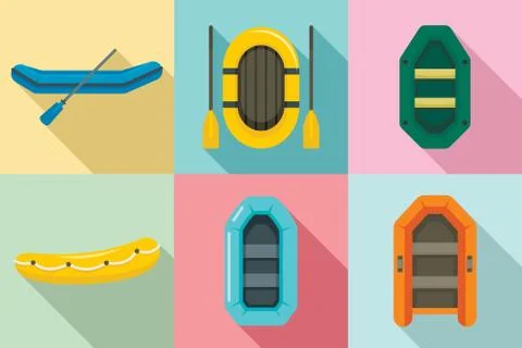 Inflatable boat icon set, flat style Illustrazione stock