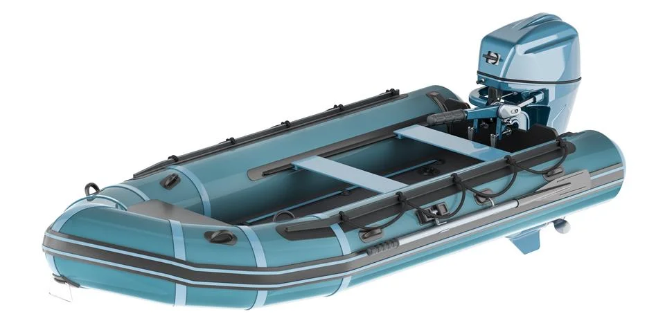 Inflatable boat with outboard engine, 3D rendering Stock Illustration