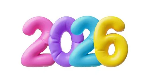 Inflatable, bright numbers 2026 in yellow, blue, purple, and pink, a 3D symbol Stock Illustration