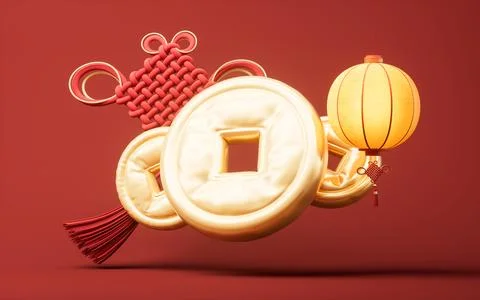 Inflatable Chinese ancient lantern and golden coins balloons, 3d rendering. Stock Illustration