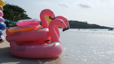 Inflatable flamingo and ring at beach resort Video stock 332846763