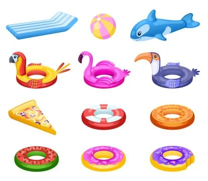 Inflatable float. Cute sea water mattress, summer pool party accessories. Kids Stock Illustration