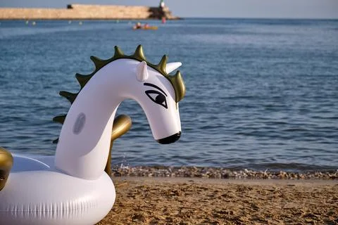 Inflatable float with horse design on sandy beach near calm ocean water dur.. Stock Photos