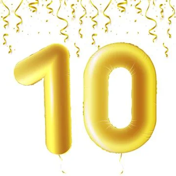 Inflatable golden balls with falling confetti and hanging ribbons. Ten years Ilustração Stock