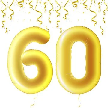 Inflatable golden balls with falling confetti and hanging ribbons. Sixty years Ilustração Stock