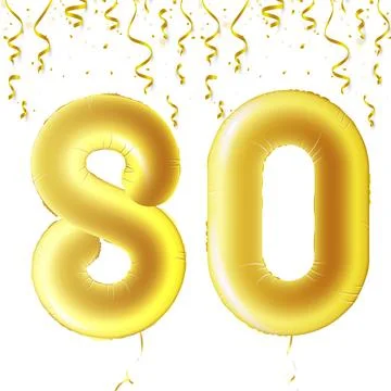 Inflatable golden balls with falling confetti and hanging ribbons. Eighty years Ilustração Stock