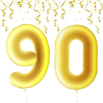 Inflatable golden balls with falling confetti and hanging ribbons. Ninety years Ilustração Stock