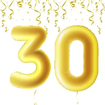 Inflatable golden balls with falling confetti and hanging ribbons. Thirty years Ilustração Stock