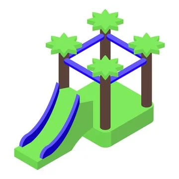 Inflatable green playground slide featuring palm trees and blue frame Stock Illustration