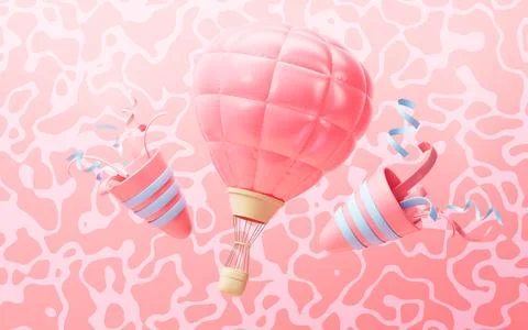 Inflatable hot air balloon with pink background, 3d rendering. Stock Illustration