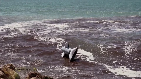 Inflatable killer whale abandoned in the open sea, contaminated and dirty water Stock Footage 156665382
