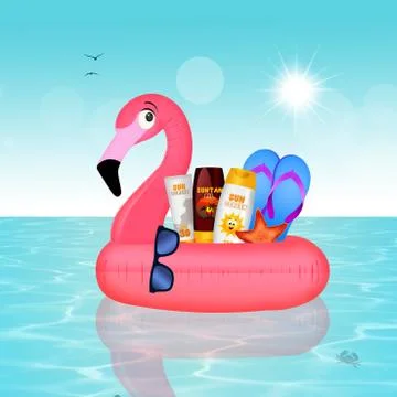 Inflatable pink flamingo with summer objects Stock Illustration