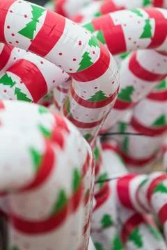 Inflatable Plastic Candy Canes On Display At Outdoor Christmas Festival Stock Photos