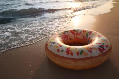 Inflatable ring with doughnut pattern on sunlit sandy beach near sea, space f Stock Photos