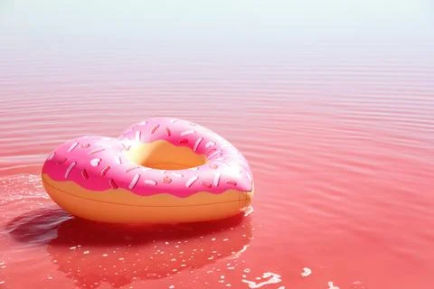 Inflatable ring floating in pink lake on sunny day Stock Photos