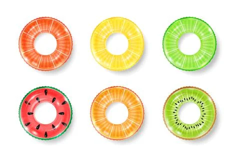 Inflatable rings looking like kiwi, orange and watermelon isolated on white Stock Illustration