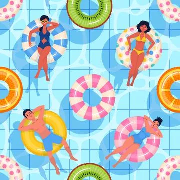 Inflatable rubber rings seamless pattern. Summer vacation, people relax in pool Stock Illustration