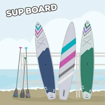 Inflatable stand up paddle sup boards on beach Stock Illustration