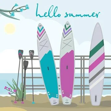 Inflatable stand up paddle supboards. hello summer Stock Illustration
