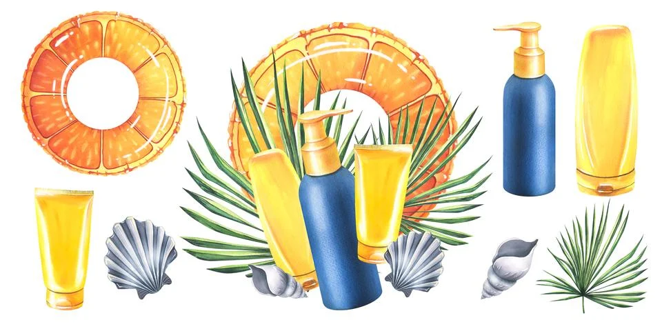 Inflatable swim ring with orange slice print with sunscreen, palm leaves Stock Illustration
