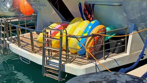 Inflatable swim rings on a yacht in Split Stock Footage 315214981
